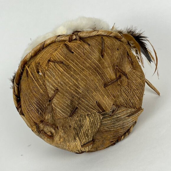 Native American Sioux Dream Gathering Handled Basket Woven Fur Feathers - Picture 10 of 10